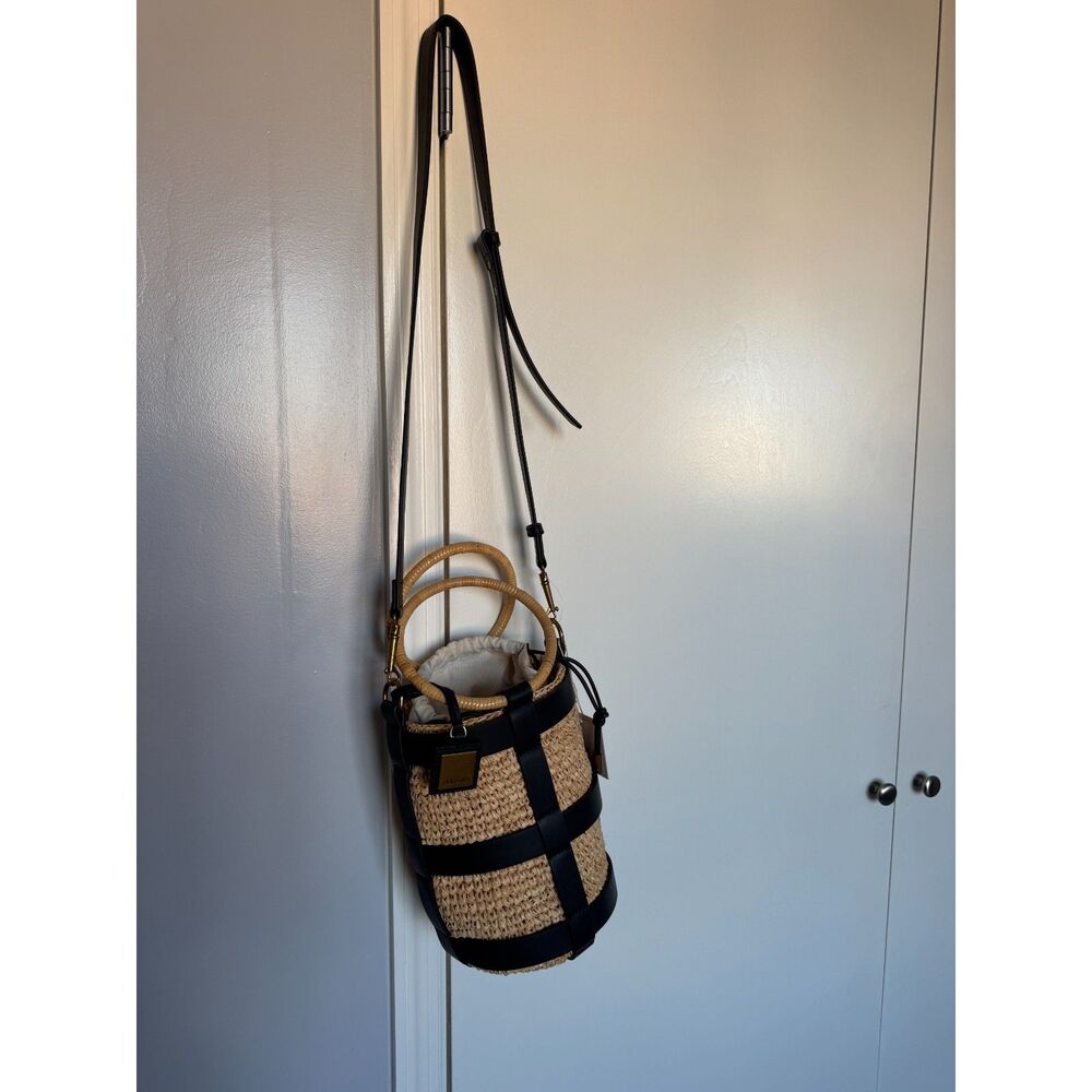 NWT Dolce Vita (retail 248$) drawstring Black Leather/Raffia Cross/Bucket Bag